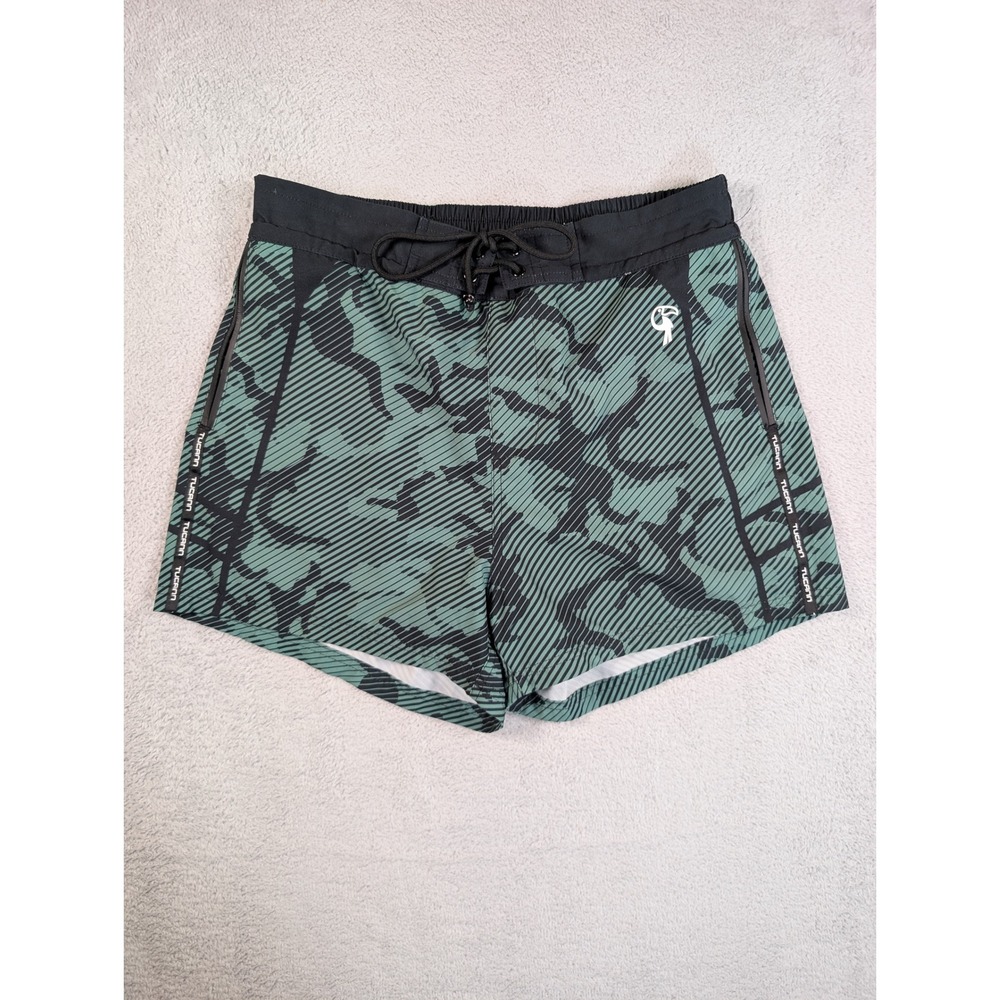 Tucann Mens Swim Trunks Green Camo Geometric Board Shorts Size XL 3 Inch Inseam